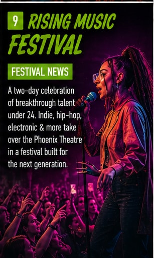 Young indie band performing on stage at Rising Music Festival.