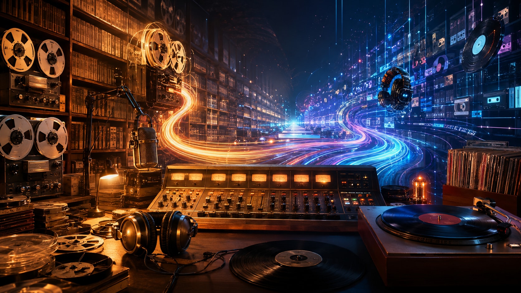 Classic broadcasting desk with vintage tape reels, microphone, and glowing digital audio streams.