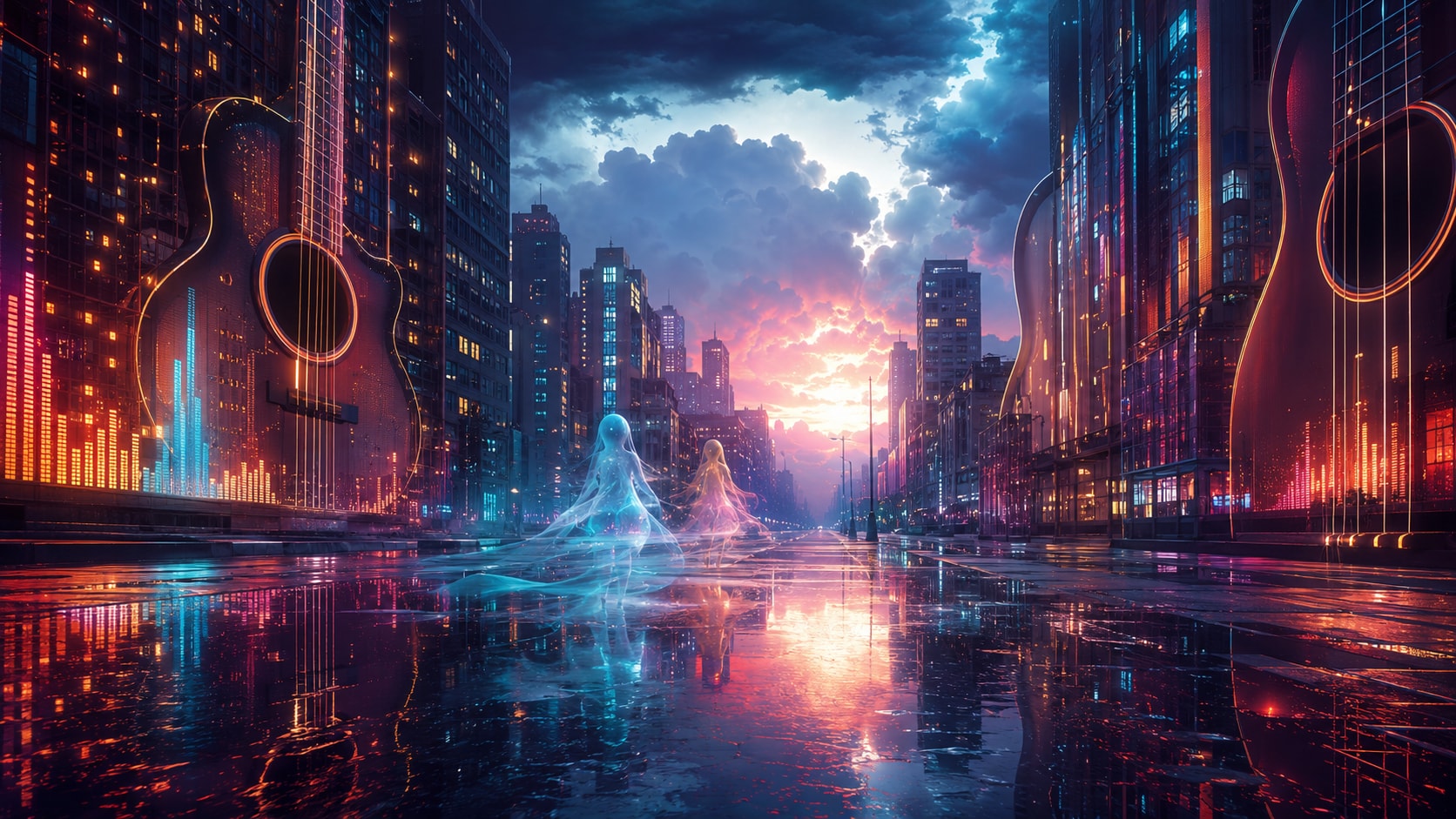 Two ethereal glowing figures walking down a wet neon city street lined with giant illuminated acoustic guitars.
