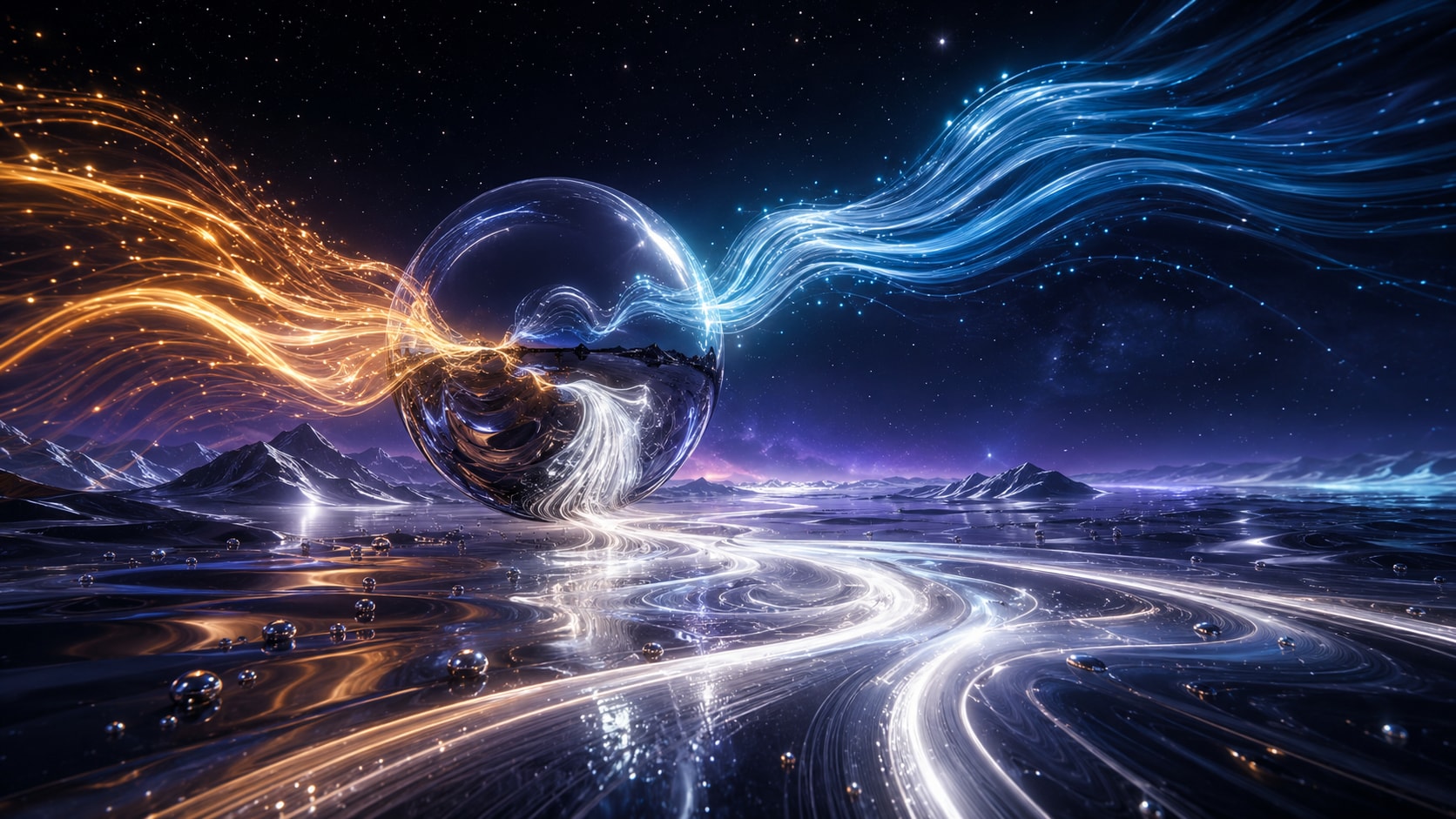 Luminous orb floating above a sleek reflective landscape with flowing streams of warm and cool light.