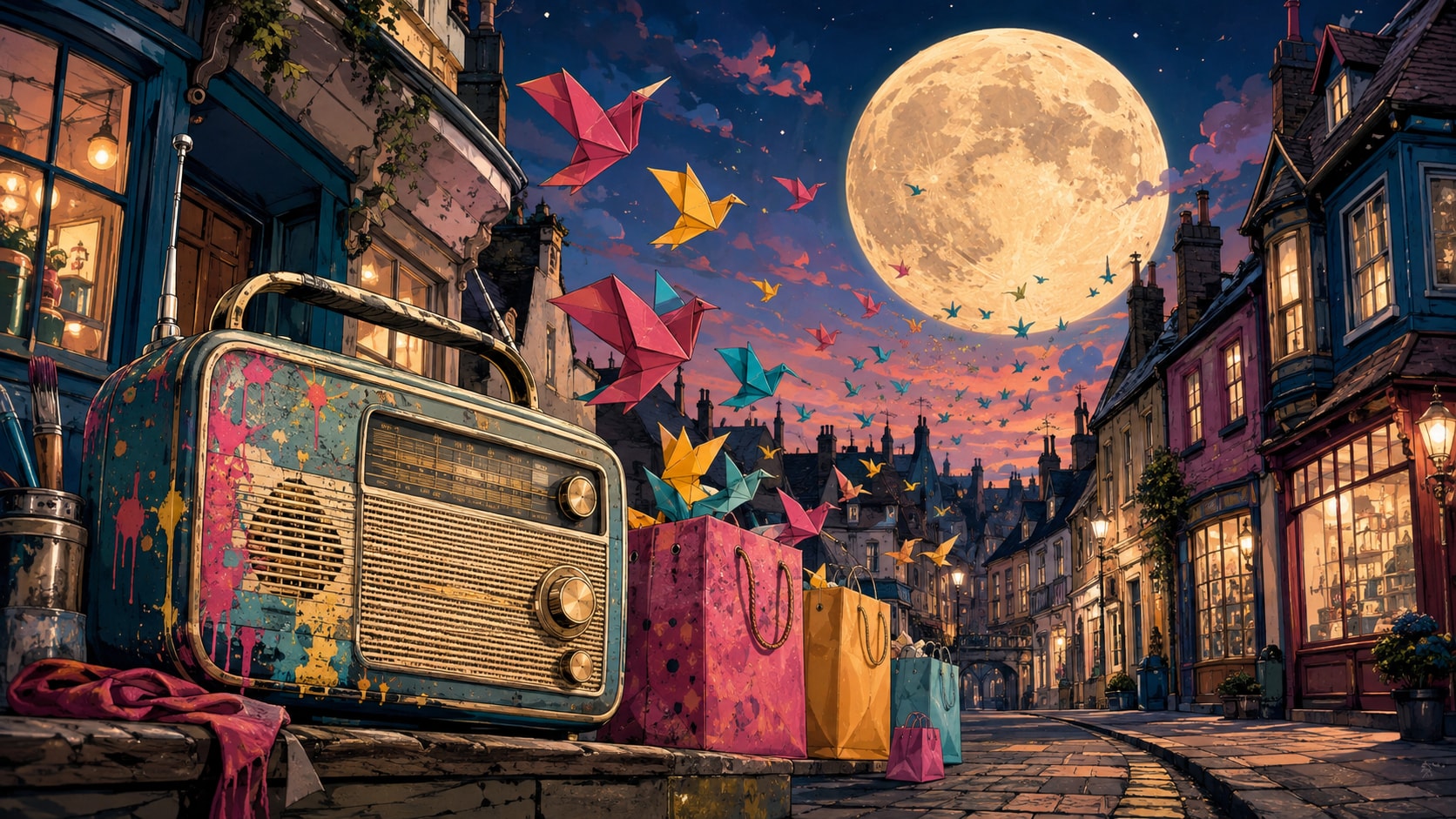 Paint-splattered vintage radio and shopping bags on a cobblestone street beneath a supermoon night.