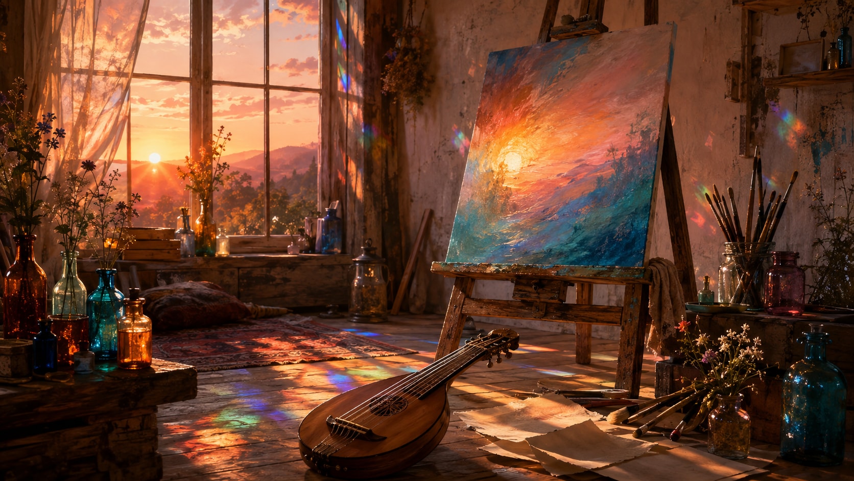 Artist studio with sunset canvas painting on easel, paintbrushes, and an acoustic tiple instrument.