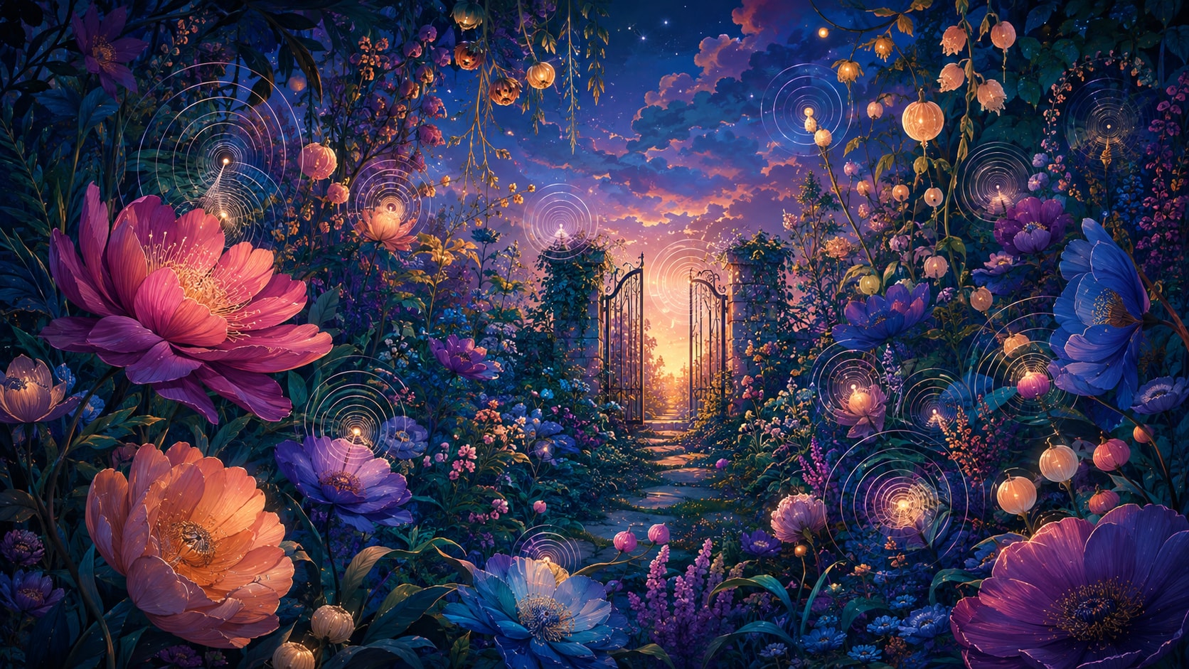 Enchanted night garden filled with glowing bioluminescent flowers emitting concentric soundwaves.