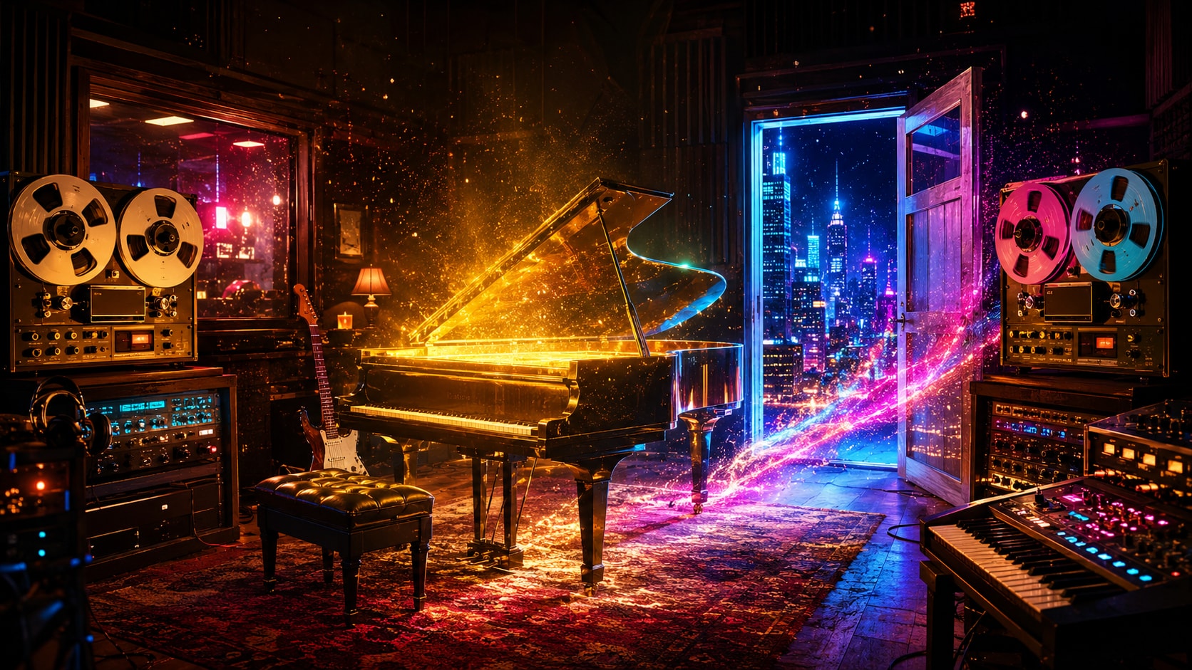 Warmly lit recording studio with a glowing grand piano, reel-to-reel tape recorders, and an open doorway to city lights.