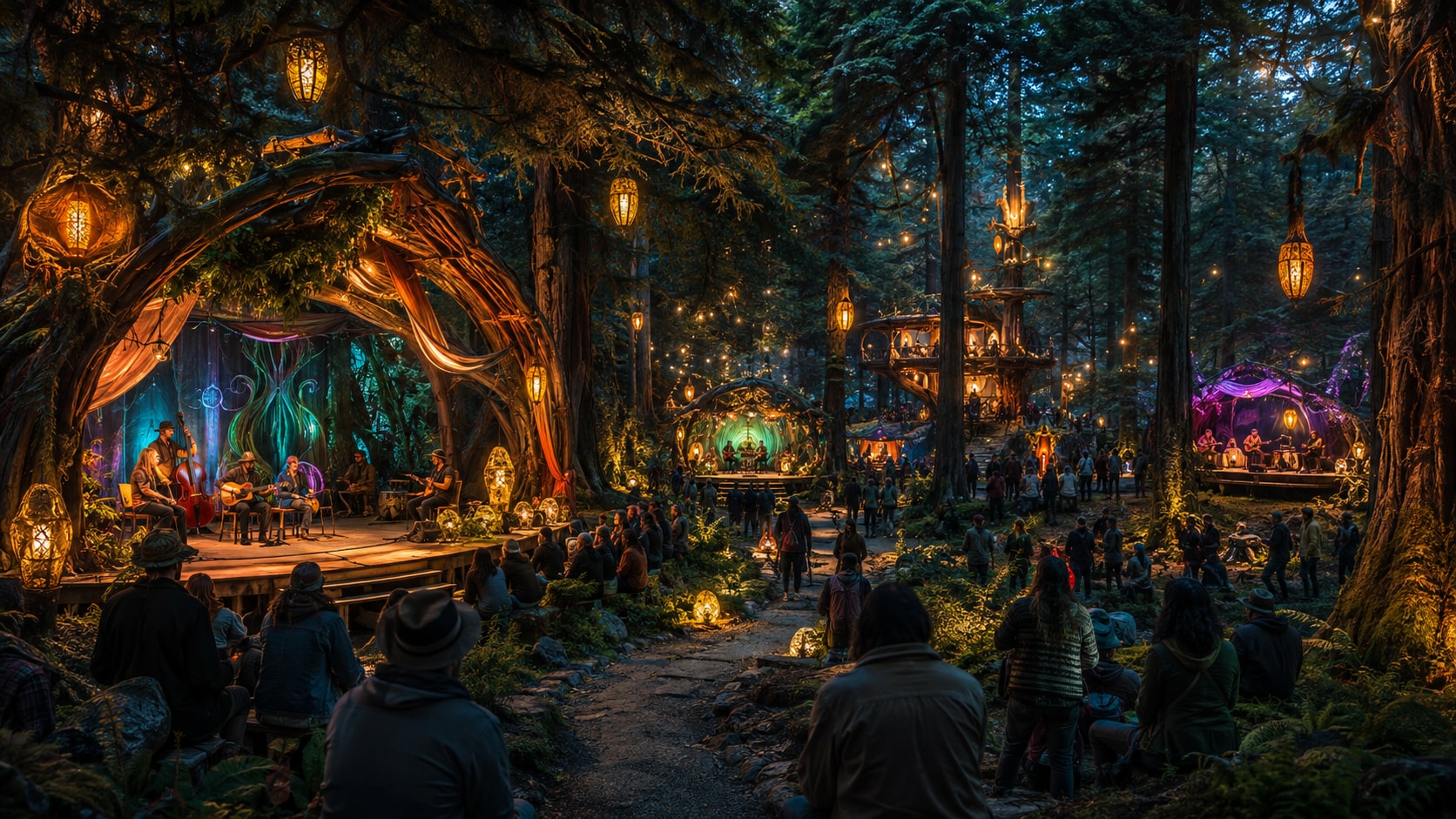 Woodland stage beneath towering Oregon trees illuminated by glowing fairy lights and lantern installations.