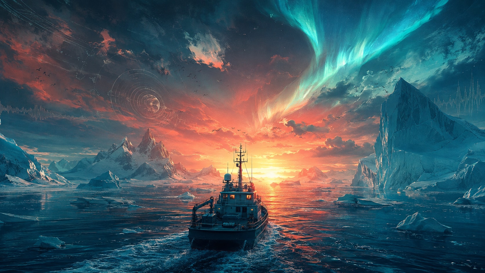 A polar research vessel sailing through icy waters under a vivid sunset sky.