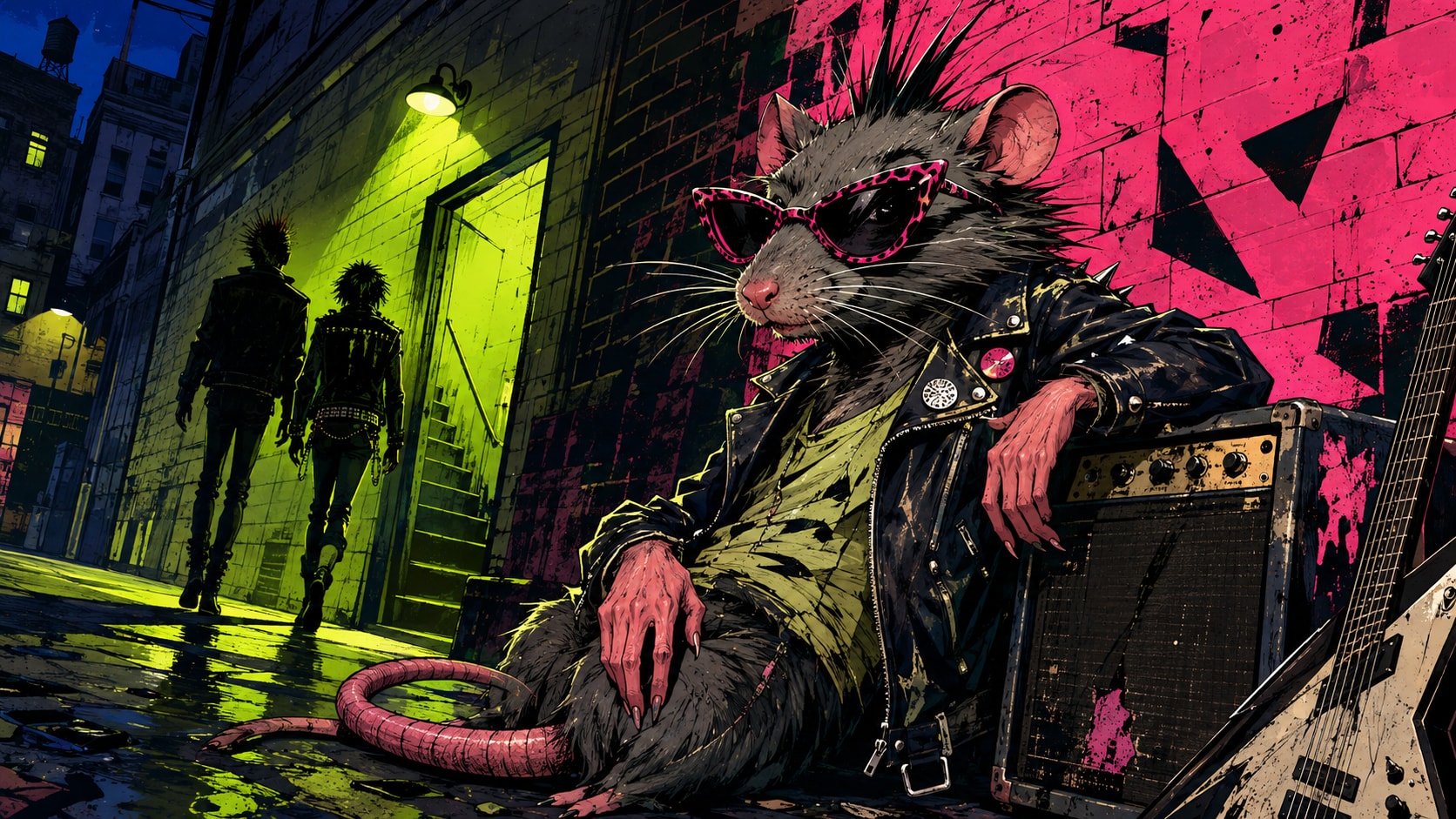 Punk rat character in sunglasses and leather jacket sitting outside a Bushwick alleyway venue with guitar amp.