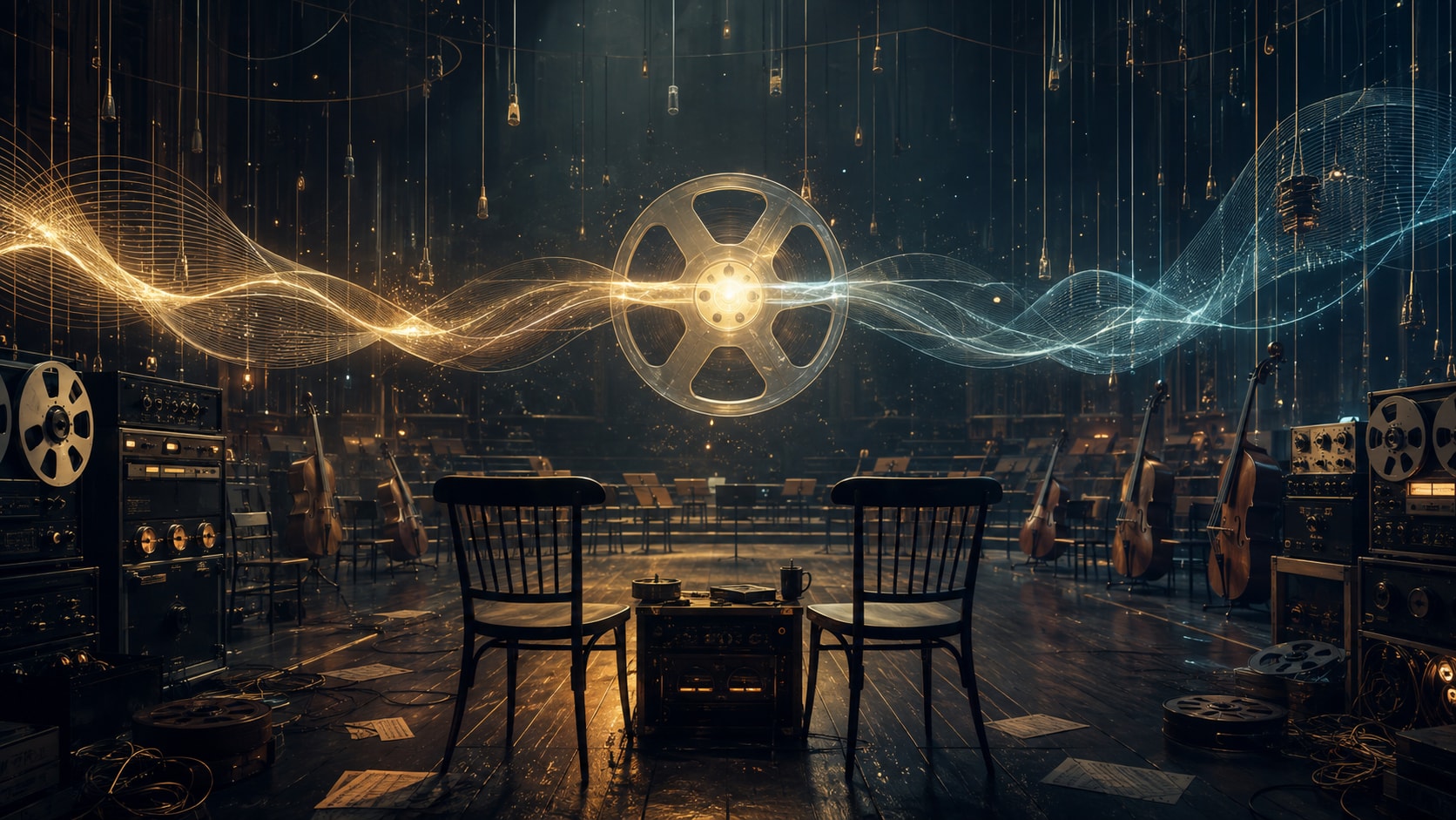 Orchestral recording hall with two empty chairs facing each other beneath a floating glowing tape reel.
