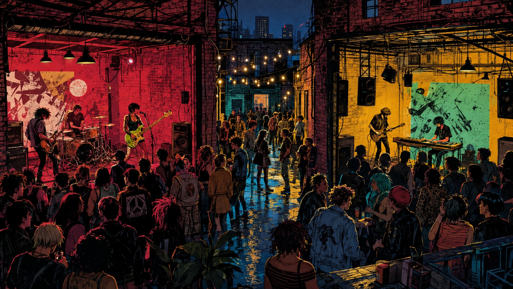 Underground indie rock bands performing across interconnected brick venue spaces in Brooklyn.