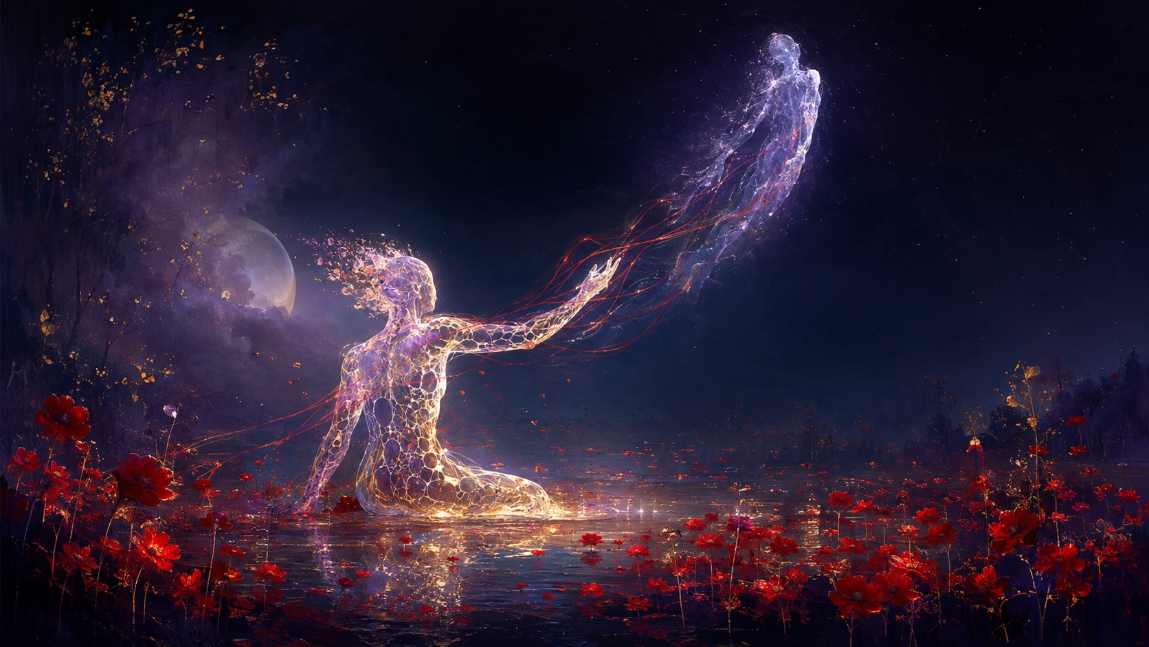 Luminous translucent figure reaching out with glowing red threads toward a floating spirit above red poppies.