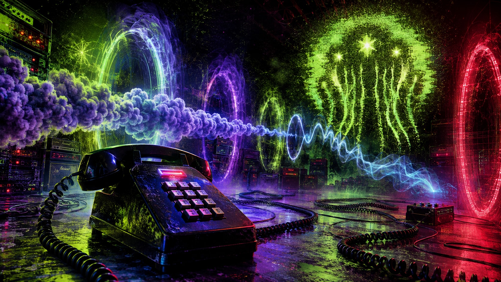 Vintage push-button telephone emitting glowing neon sound portals and mysterious electronic signals.