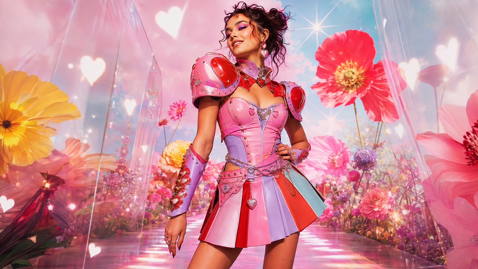 flowerovlove standing in a pink and pastel pop warrior outfit surrounded by oversized flowers and heart visuals.