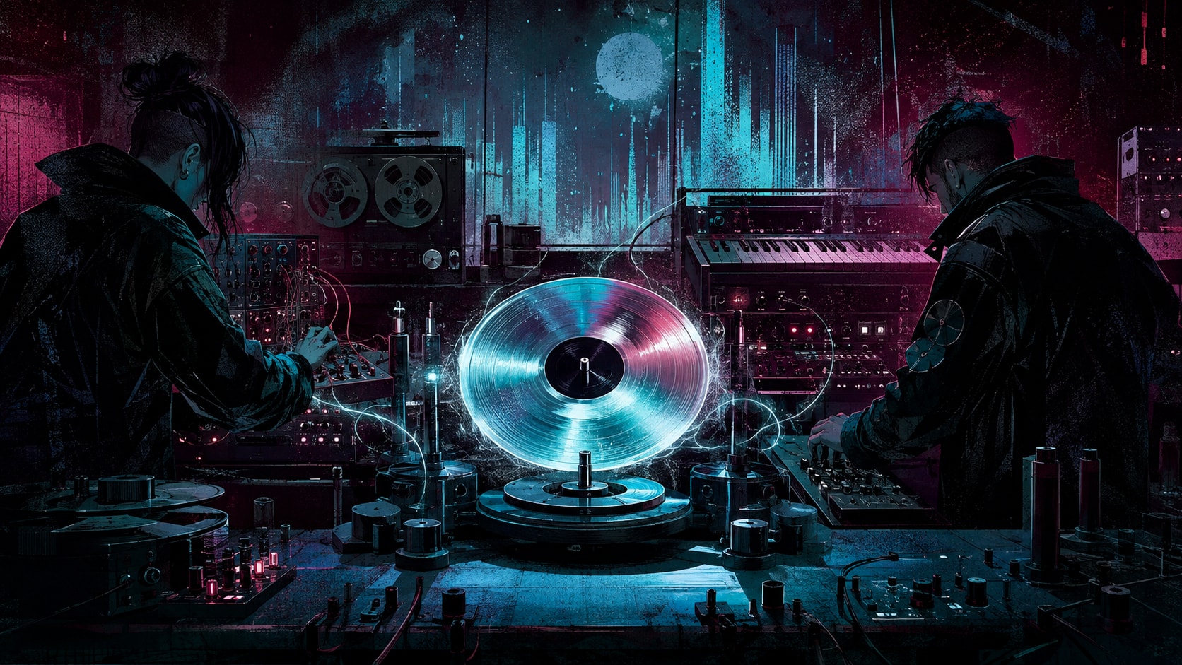 Two musicians working on synth gear around a glowing darkwave vinyl record in a dark studio.
