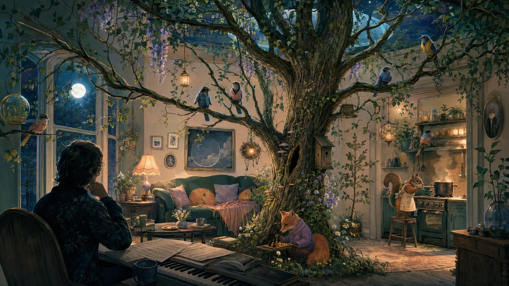 Composer at piano in a living room where a large tree grows indoors, with a squirrel cooking on a stove.