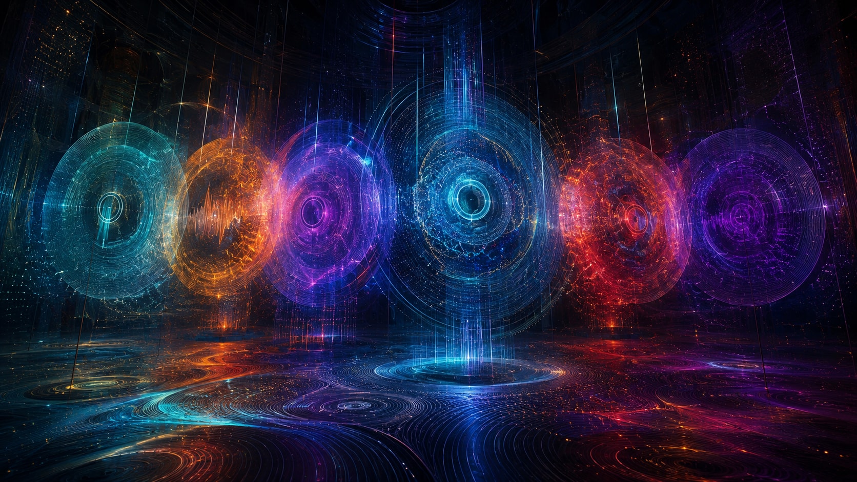 Six glowing concentric soundwave discs floating in an atmospheric dark ambient soundscape.