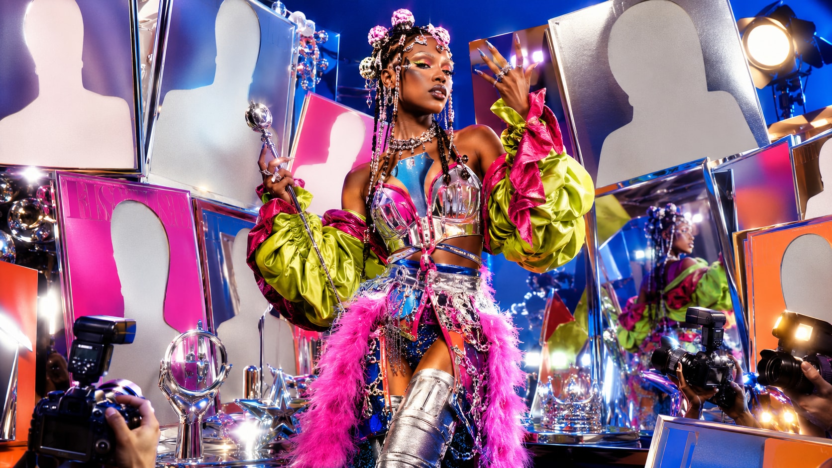 Moriah Mensah in a glamorous pop outfit surrounded by magazine cover mirrors and camera flashes.