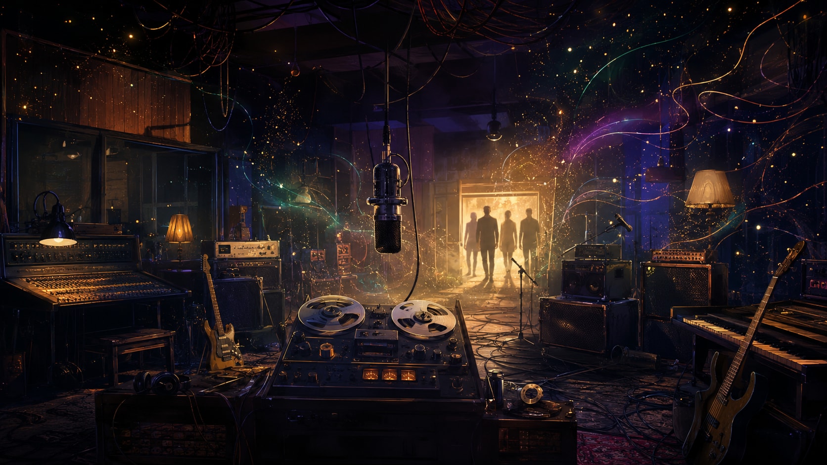 Vintage recording studio with reel-to-reel tape decks, glowing analog gear, and band silhouettes returning.