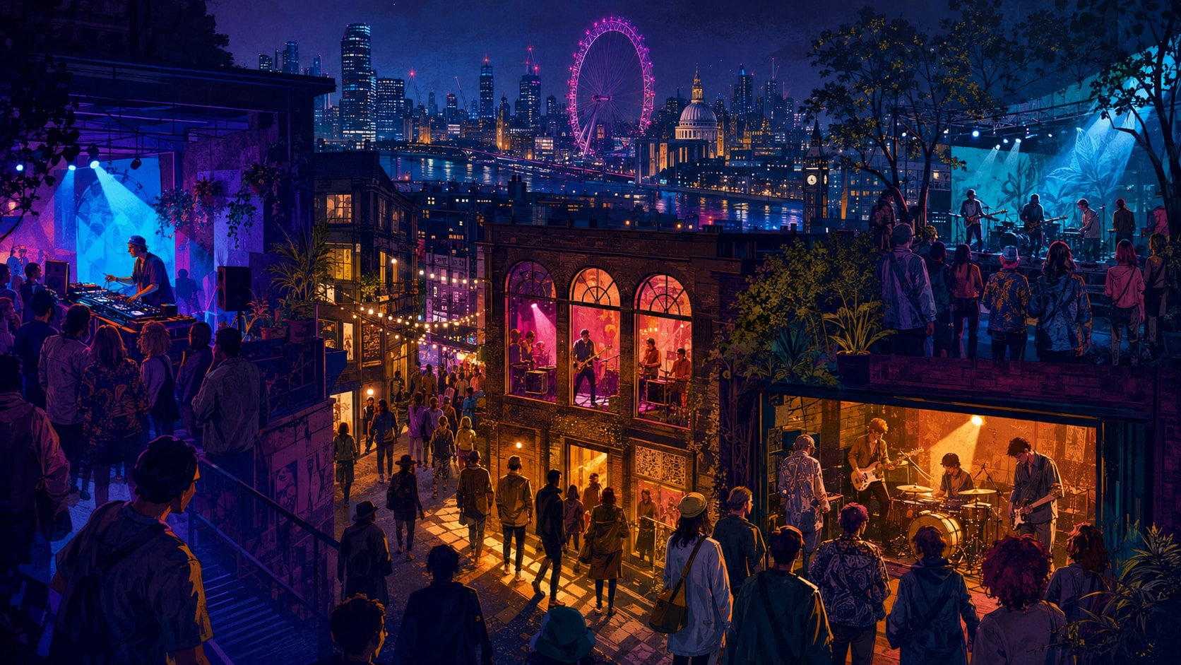 Crowd enjoying multi-venue live performances at Pitchfork Festival London against a night city skyline.