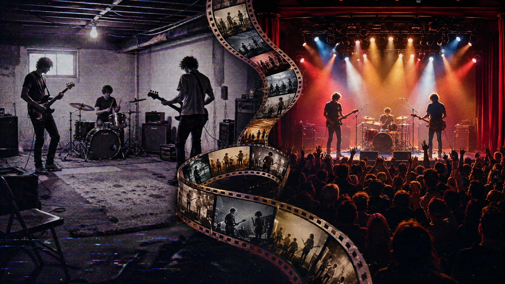 Film strip connecting 1990s basement rehearsal footage to a sold-out modern rock concert stage.