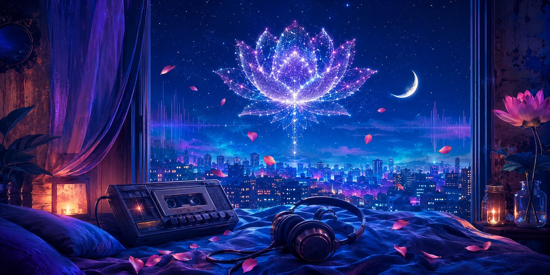 Nocturnal portrait of Blood Lotus under indigo ambient light with glowing dreamlike neon reflections.