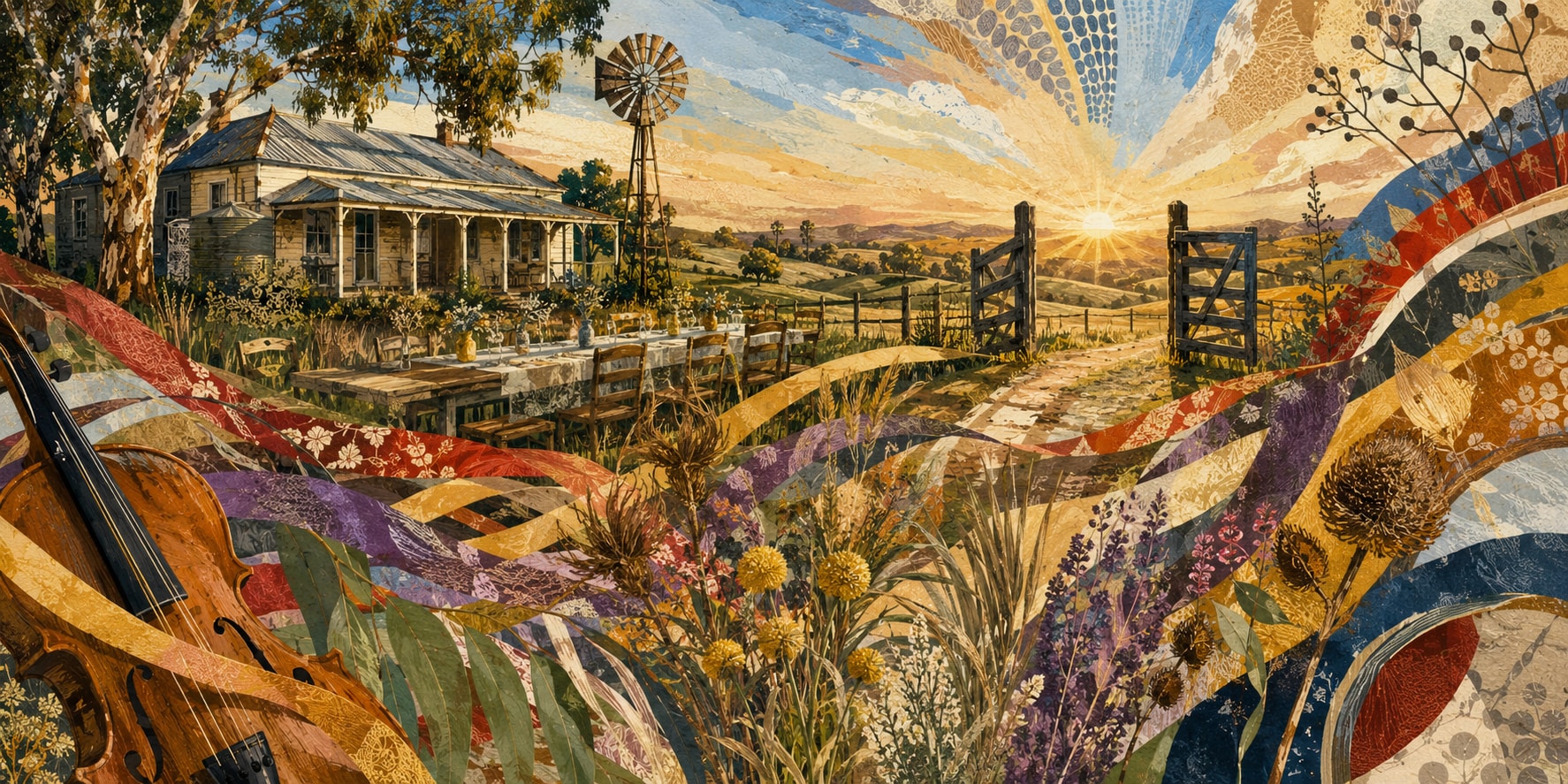 Fanny Lumsden outdoors in rural Australian farmland at golden hour with acoustic instruments.