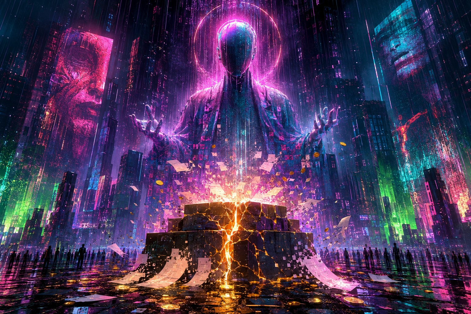 Cyberpunk city landscape with neon holographic banners and mysterious figure standing in rain.