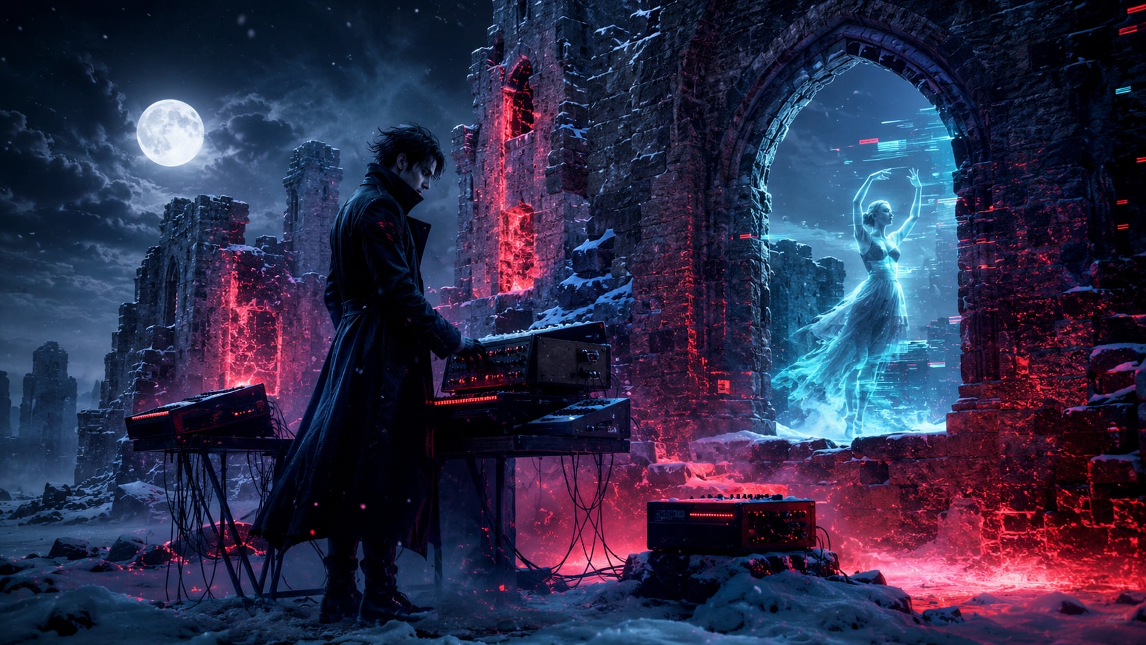 Dramatic snowy castle ruins scene for Crush Of Souls music video Dying to Stay Young.