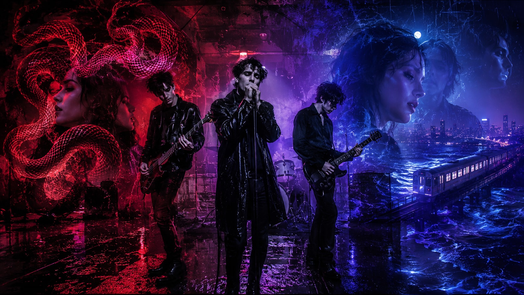 Dark post-punk trio French Police performing in moody blue lighting.