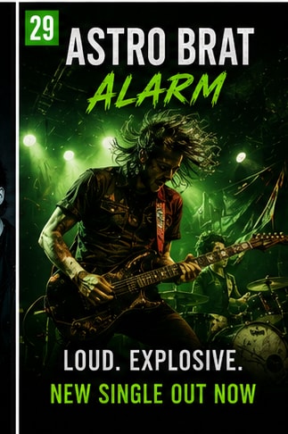 Alternative rock group Astro Brat on stage with electric guitars for single Alarm.