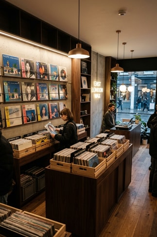 East London boutique record store pop-up displaying vintage Japanese vinyl records and city pop culture artwork.