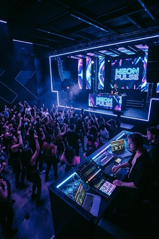Atmospheric blue and purple neon dance club lighting setup for Jacques Greene dancefloor album jg.