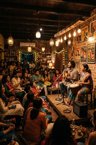 Intimate grassroots acoustic concert performance in Kolkata, India.
