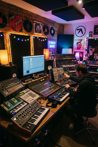 Vintage analog synthesizer gear and patch cables for LA Priest electronic single Rayon.