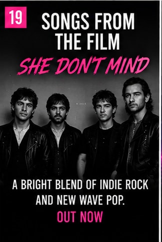 New wave guitar pop artwork for Songs From The Film debut She Don't Mind.