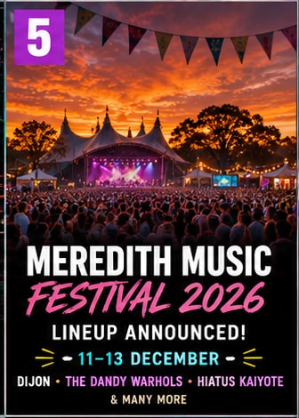 Meredith Music Festival 2026 lineup poster and festival announcement.