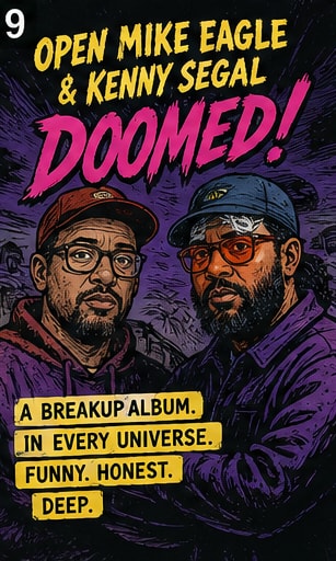 Open Mike Eagle and Kenny Segal DOOMED collaborative hip hop album cover.