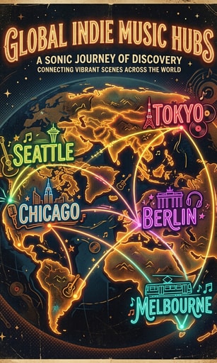 Stylized glowing global map connecting international indie music hubs.