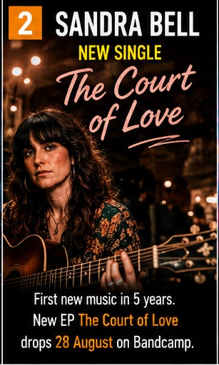 Sandra Bell holding acoustic guitar for new single The Court of Love.