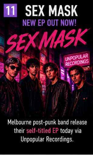 Sex Mask band members outside neon-lit Melbourne venue for self-titled EP.