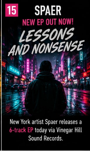 Figure in dark coat against neon city rain for Spaer's Lessons and Nonsense.