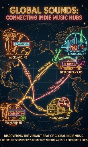 Artistic illuminated global map showing connections between indie music hubs worldwide.