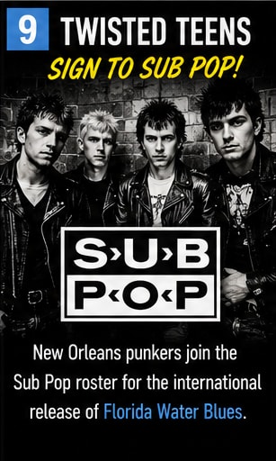 Twisted Teens punk band members with iconic Sub Pop logo.
