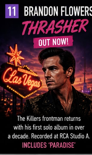 Brandon Flowers releases solo album Thrasher with Las Vegas neon aesthetic.