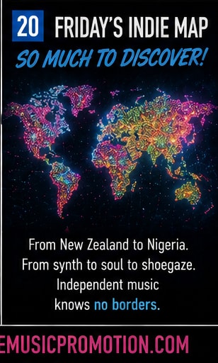 Global map graphic visualizing the international breadth of 21 August indie music releases.