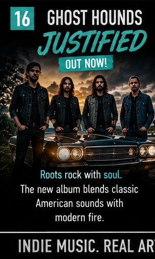 Ghost Hounds band members and classic car for roots-rock album JUSTIFIED.