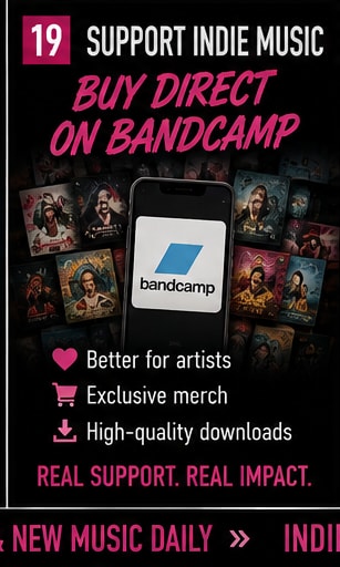 Bandcamp direct-to-fan platform mockup supporting indie music releases.