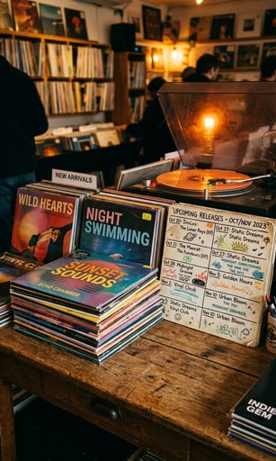 Stacks of new vinyl records previewing upcoming indie releases for next Friday.