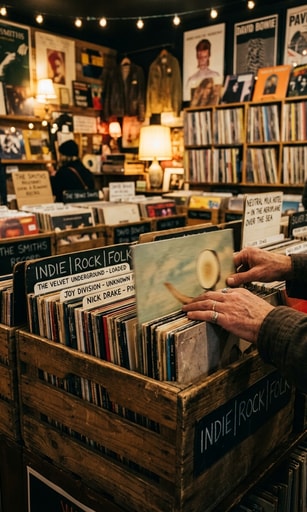 Crate digging for independent vinyl records in an indie record store away from algorithmic feeds.