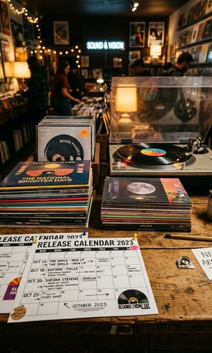 Stacks of upcoming vinyl releases and indie record shop release calendars previewing the next release wave.