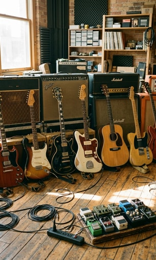 Lineup of electric guitars and tube amplifiers highlighting Sunday's indie guitar playlist queue.